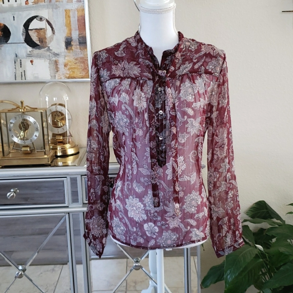 Lucky Brand India Print Boho Top M/L Burgundy Silver